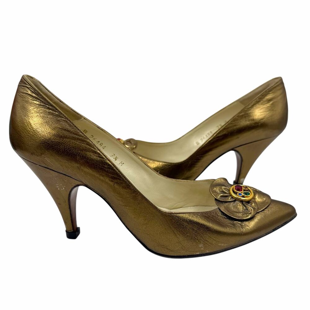 Vtg Totar Metallic Bronze Gold Leather Jeweled Rosette Pointed Toe Pumps 7.5 M